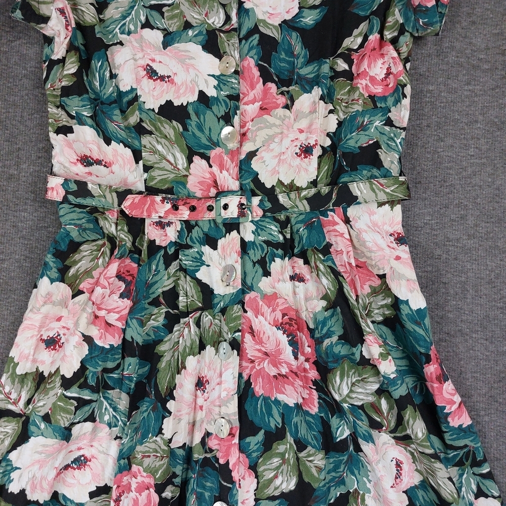 CAROL ANDERSON PETITES WOMENS VTG 90S BLACK FLORAL BELTED A LINE DRESS SZ 14P - Picture 2 of 15